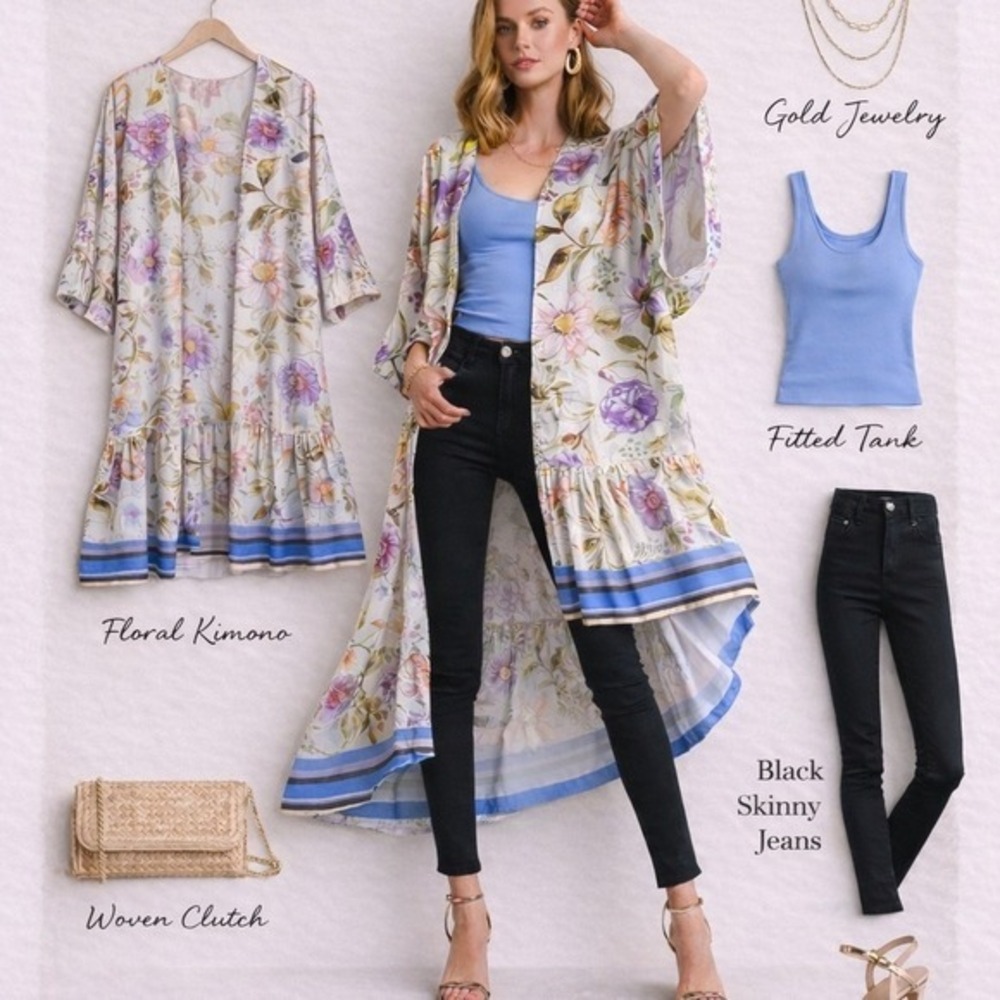 NWT UMGEE Kimono Open Cardigan S/M Long Robe Swim Cover Up Resort Floral Boho - Picture 7 of 11